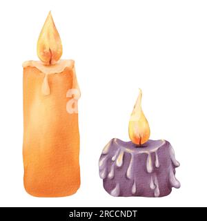 Ein Paar Kerzen mit einer hellen Flamme. Halloween-Farben. Gelbe und violette Elemente mit Wachstropfen. Aquarell isolierte Illustrationen. Ruhe Stockfoto