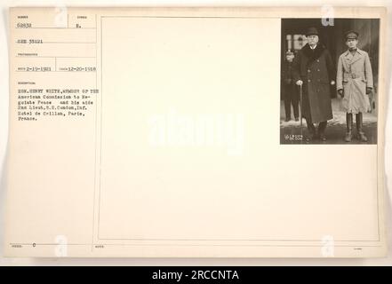 Der ehrenwerte Henry White, Mitglied der amerikanischen Kommission für Friedensverhandlungen, und sein Berater, 2. Lieutenant R.E. Condon, Infanterie, im Hotel Crillion in Paris, Frankreich. Dieses Foto wurde am 20. Dezember 1918 aufgenommen und am 19. Februar 1921 herausgegeben. Stockfoto