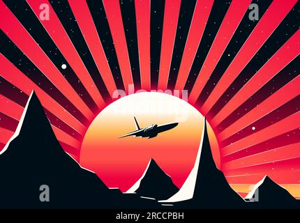 Landschaft mit Raketenabschuss und Bergen, Science-Fiction-Szene auf einem fernen Planeten. Futuristischer Sonnenaufgang im Stil der Atomzeitalter von 80s. Stock Vektor