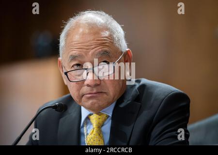 Washington, Usa. 13. Juli 2023. Jack ading, Minister für auswärtige Angelegenheiten und Handel der Marshallinseln, erscheint vor einer Anhörung des Senatsausschusses für Energie und natürliche Ressourcen, um das Compact of Free Association Amendment Act von 2023 im Dirksen Senate Office Building in Washington, DC, USA, Donnerstag, Juli 13, zu prüfen. 2023. Foto: Rod Lamkey/CNP/ABACAPRESS.COM Kredit: Abaca Press/Alamy Live News Stockfoto