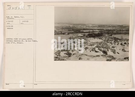 Luftaufnahme von Q.M.C. Depot in Sur Tille, Cote d'Or, Frankreich, aufgenommen am 14. April 1919, von Sergeant Gyden vom Signalkorps. Das Foto ist Teil von Subjekt 51514 und wurde am 6. Februar 1919 als RECO 2452-F9 bezeichnet. DMC-Hinweise geben die Zahl 52524 an. Stockfoto