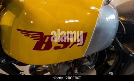 lyon, Frankreich - 06 16 2023 : BSA-Logo und Textmarke auf klassischem britischem Retro-Motorrad mit gelbem silberroten Tank Stockfoto