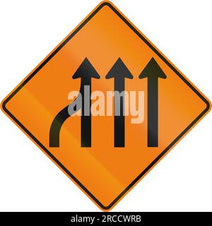 Hinweisschild für temporäre Bauarbeiten in Quebec, Kanada – linke Spur endet. Stockfoto