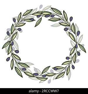Kreiskranzrahmen aus Olivenzweigen und Beeren. Stock Vektor