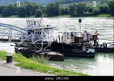 Spitz, Wachau, Niederösterreich, Österreich. 5. Juli 2023. Auto- und Fahrradfähre über die Donau Stockfoto