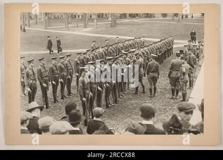 Soldaten, die 1917 an einer Unternehmensinspektion beim Reserve Officers' Training Corps (R.O.T.C.) an der Cornell University in Ithaca, New York, teilnahmen. Stockfoto