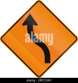 Kanadisches Straßenwarnschild – Kurve rückwärts. Dieses Zeichen wird in Quebec verwendet. Stockfoto