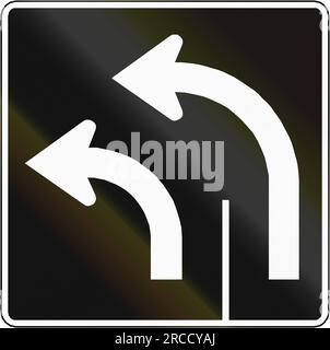 Wegweiser für Spurmanagement in Kanada - zwei Spuren links abbiegen. Dieses Zeichen wird in Quebec verwendet. Stockfoto