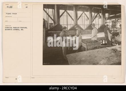 Soldaten des Chemiekriegsdienstes in Edgewood Arsenal, MD. Dieses Bild wurde vom Fotografen Reco des Signalkorps aufgenommen und ist Teil der Sammlung Nr. 60153. Es zeigt Mitglieder des Chemiekriegsdienstes, die ihre Pflichten bei Edgewood Arsenal wahrgenommen haben. Stockfoto