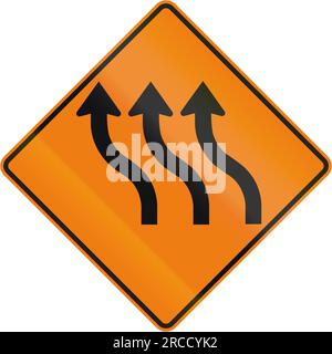 Kanadisches Straßenwarnschild – dreispurige Rückwärtskurve. Dieses Zeichen wird in Quebec verwendet. Stockfoto