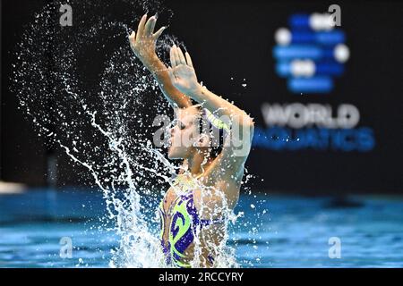 Fukuoka, Japan. 14. Juli 2023. Susanna Pedotti aus Italien tritt am 14. Juli 2023 bei den Aquatics World Championships in Fukuoka, Japan, während der Solotechnik des künstlerischen Schwimmens für Frauen auf. Kredit: Xu Chang/Xinhua/Alamy Live News Stockfoto