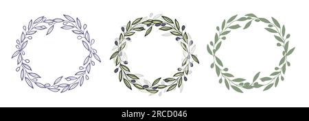Kreiskranzrahmen aus Olivenzweigen und Beeren. Stock Vektor
