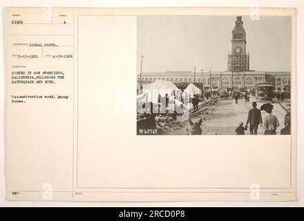 Bildunterschrift: "Wiederaufbauarbeiten in San Francisco, Kalifornien nach dem Erdbeben und dem Brand 1906. Das Bild zeigt einen Trolley-Wagen des Ferry House, Nummer 1391, Richtung 19. Avenue. Dieses Foto wurde vom Signalkorps aufgenommen und am 10. März 1921 empfangen. Referenzanmerkungen: *63969' Stockfoto