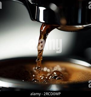 Der Kaffee, der aus der Kaffeemaschine kommt, ist Espresso. Stockfoto