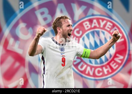 FOTOMONTAGE: Harry Kane: Geheimes Treffen mit Bossen aus Tottenham Hotspur! Der Wechsel zum FC Bayern nimmt Form an. ARCHIVFOTO; final jubilation England, with Harry KANE (eng), Jubilation, Jubilation, joy, cheers, Halbfinale, Spiel M50, England (eng) - Dänemark (DEN) 2: 1 NV am 7. Juli 2021 in London/Wembley Stadium. Fußball EM 2020 von 11.06.2021-11.07.2021. ? Stockfoto