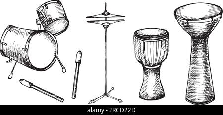 Trommelkit, Vektordarstellung der Trommelstöcke isoliert. Handgezeichnete Tinte für Musikinstrumente. Schwarze weiße Silhouette für Schlaginstrumente. Entwurfselement für Stock Vektor