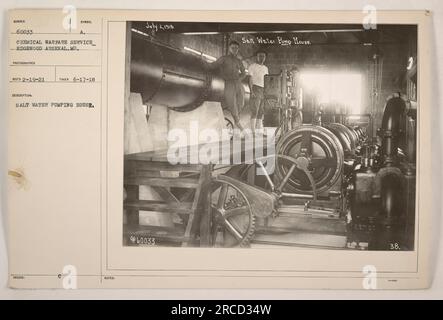 Salzwasserpumpenhaus in Edgewood Arsenal, MD. Foto aufgenommen am 17. Juni 1918. Diese Einrichtung wurde vom Chemical Warfare Service während des Ersten Weltkriegs genutzt. Fotograf Reco. Symbol ausgegeben am 19. Februar 1921. Beschreibung: Salzwasserpumpenhaus. Hinweise: 2., 1918., 960033. Juli Salzwasserpumpenhaus.“ Stockfoto