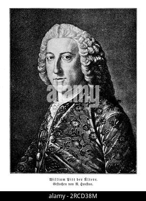 Porträt von William Pitt, dem Ältesten, dem prominenten britischen Staatsmann und Politiker im 18. Jahrhundert. Er wurde am 15. November 1708 geboren und diente von 1766 bis 1768 als Premierminister Großbritanniens. Pitt war bekannt für seine außergewöhnlichen oratorischen Fähigkeiten, seine starke Führung und sein starkes Fürsprecher für die Expansion des britischen Imperiums. Er spielte eine entscheidende Rolle bei der Gestaltung der britischen Außenpolitik, insbesondere während des Siebenjährigen Krieges, in dem er die britischen Militärbemühungen gegen Frankreich unterstützte. Pitt wird auch für seine Innenpolitik, wie die Förderung des Handels, die Verringerung der Korruption und seine Fürsprecher, in Erinnerung gerufen Stockfoto