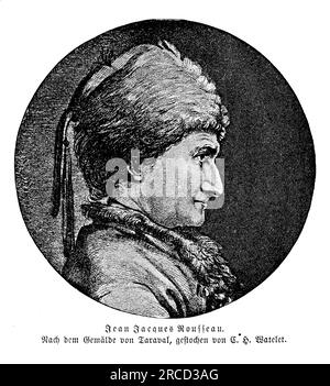 Das Portrait von Jean-Jacques Rousseau, geboren am 28. Juni 1712, war ein Schweizer-französischer Philosoph, Schriftsteller und Komponist, der die Erleuchtung maßgeblich beeinflusste. Rousseaus Werke spielten eine entscheidende Rolle bei der Gestaltung der politischen Philosophie, der Bildungstheorie und des sozialen Denkens. Am besten ist er für sein Buch "der Sozialvertrag" bekannt, in dem er über das Konzept eines Sozialvertrags und die Bedeutung der Volkssouveränität und der individuellen Freiheit sprach. Rousseau betonte die Idee des „edlen Wilden“ und die inhärente Güte der menschlichen Natur und kritisierte den korruptiven Einfluss der Gesellschaft. Seine Verfügung Stockfoto