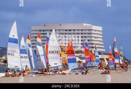 Hobie-Katamarane vor dem Beacon Island Resort in Plettenberg Bay in der Provinz Westkap von Südafrika. Stockfoto