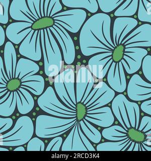 Handgezeichnetes nahtloses Muster mit blauen türkisfarbenen Gänseblümchen auf beigefarbenem Hintergrund. Retro-Vintage-Design aus der Mitte des Jahrhunderts mit modernem Blumenmuster mit roten Klumpen, Hippie-Blüten, Naturdesign und farbenfrohem Hintergrund mit Punktmuster Stockfoto