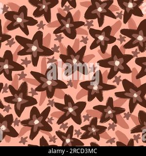 Handgezeichnetes nahtloses Muster mit braunen beigen Gänseblümchen auf braunem Hintergrund. Einfacher minimalistischer Blumendruck im Künstlerstil des Cartoon-Boho, Naturpflanze im Frühlingsgarten, romantische Kunst Stockfoto