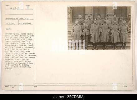 In Esch, Luxemburg, Deutschland, werden Unteroffiziere des 9. Feldsignalbataillons, 5. Division, fotografiert. Die Offiziere, von links nach rechts, in der ersten Reihe sind 1. LT. John K. Curtiss, B Co.; Captain John W. Harrison, Med. C.; Hauptmann Edward M. Joyce, B Co.; Major Edward E. Butler, Comdg. BN.; Captain Jerome B. Sullivan, A Co.; und 1. LT. Rolland E. Stafford, A Co In der zweiten Reihe: 1. LT. Alfred A. Allen, Dental Corps; 1. LT. Cass. A. Heitchew, Supply Officer; 2. LT. Rasmus Rasmussen, A Co.; 2. LT. Edward C. Scheidell, Adjt.; 1. LT. Roscoe Sherman, C Co.; und 1. LT. Arthur C. Harris, Stockfoto