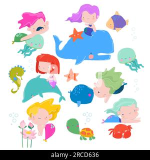 Cartoon mit süßen Meerjungfrauen und Bewohnern der Sea World auf weißem Hintergrund Stock Vektor