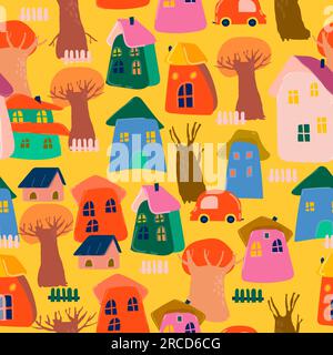 Nahtloses Muster mit farbenfrohen Cartoon-Häusern und Herbstbäumen Stock Vektor