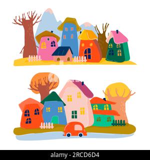 Hübsche Cartoon-Häuser mit Herbstbäumen Stock Vektor