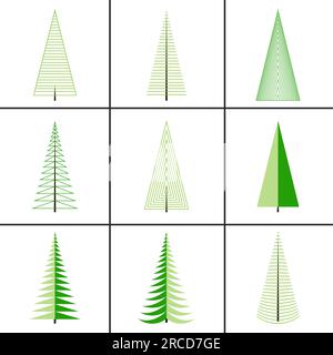 Eine Reihe verschiedener Bäume mit Pyramidenkronen. Kreative abstrakte grüne Bäume. Nadelelemente aus Fichte, Tanne oder Kiefer. Immergrüne Kultur. Umweltfreundlich Stock Vektor