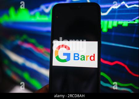 Polen. 14. Juli 2023. In dieser Fotoabbildung wird ein Google Bard AI-Logo auf einem Smartphone mit Grafiken für den Aktienmarkt im Hintergrund angezeigt. Kredit: SOPA Images Limited/Alamy Live News Stockfoto