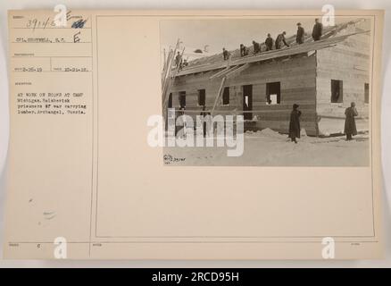 CPL. Shotwell, ein Fotograf von S.C., machte dieses Foto am 21. Oktober 1918 in Archangel, Russland. Das Bild zeigt bolschewiskische Kriegsgefangene, die Holz transportierten und an den Bauarbeiten im Camp Michigan mitwirkten. Dieses Foto trägt die offizielle Beschreibung Nummer 39145 und fällt in die Kategorie der amerikanischen militärischen Aktivitäten während des Ersten Weltkriegs. In der Überschrift wird auch darauf hingewiesen, dass dieses Foto mit zusätzlichen Informationen in Form von C-Hinweisen mit der Referenznummer 004 versehen wurde. Stockfoto