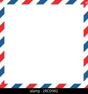 Quadratischer Umschlagrahmen mit blauen roten Streifen auf weißem Hintergrund für Luftpost. Internationaler Vintage-Briefumrandung. Postkarte mit Retro-Luftpost. Leerer Umschlag Stock Vektor