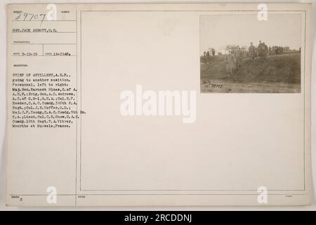 Sergeant Jack Abbott hat dieses Foto am 21. November 1918 aufgenommen, auf dem Sunder, Chef der Artillerie der A.E.F., und Militärpersonal in Vitrey, Meurthe und Mossele, Frankreich, zu sehen sind. Die Personen auf dem Foto von links nach rechts sind Major General Ernest Hines, Brig. Gen. A.D. Andrews, Oberst R.P. Reeder, Oberst J.E. Hoffer, Major J.P. Jung und Lieut. Oberst C.R. Snow. Dieses Bild ist Teil der Sammlung mit der Bezeichnung 111-SC-39707 und wurde für das Büro des Signalkorps des Kriegsministeriums aufgenommen. Stockfoto