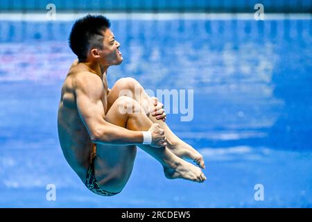 Fukuoka, Japan. 14. Juli 2023. Rikuto Tamai aus Japan nimmt an der 1m Men's Springboard Preliminary während der 20. World Aquatics Championships im Fukuoka Präfekturpool in Fukuoka (Japan) am 14. Juli 2023 Teil. Kredit: Insidefoto di andrea staccioli/Alamy Live News Stockfoto