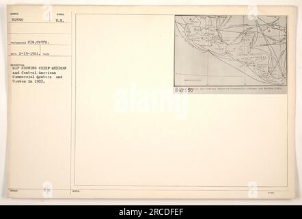 Foto einer Karte mit den wichtigsten mexikanischen und zentralamerikanischen Handelszentren und Routen im Jahr 1903. Die Karte wurde vom Signalkorps am 19. Februar 1921 aufgenommen. Die Karte zeigt die verschiedenen Handelsknotenpunkte und Transportrouten in der Region während dieser Zeit. Stockfoto