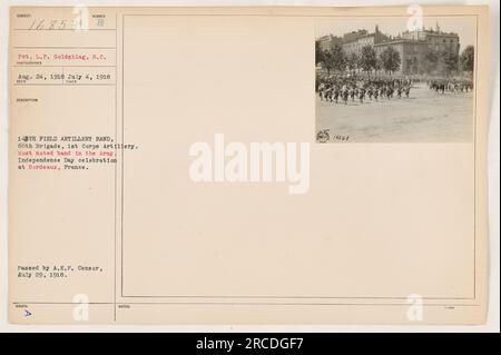 Das Bild erfasst Pvt. L.P. Goldshlag von der Field Artillery Band 148. anlässlich eines Unabhängigkeitstages in Bordeaux, Frankreich im Jahr 1918. Die 148. Field Artillery Band, Teil der 66. Brigade, 1. Corps Artillery, war in der Armee bekannt. Das Foto wurde am 4. Juli aufgenommen und von der A.E.F. genehmigt Zensor am 29. Juli. (Bildunterschrift für 111-SC-16853 16853) Stockfoto