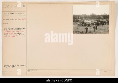 'Blick auf das Camp mit der 151. Regiment Field Artillerie in Brouilly, Frankreich. Das Foto wurde am 24. Juni 1918 von LT. J.S. aufgenommen Brown Jr., 8. Brigade, Rotes Kreuz. Dieses Bild zeigt das Bataillonshauptquartier des 151. Regiments, das früher unter dem Namen 1. Regiment F.A., Minn. N. G. bekannt war Das Foto wurde von A.E.F. freigegeben Zensor am 29. Juli 1918." Stockfoto