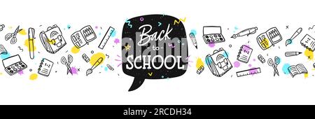 Doodle-Konzept der Bildung, Schulhintergrund mit handgezogenem Schulzubehör und Back-to-School-Schriftzug Stock Vektor