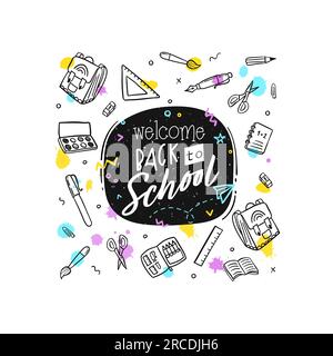 Doodle-Konzept der Bildung, Schulhintergrund mit handgezogenem Schulzubehör und Back-to-School-Schriftzug Stock Vektor