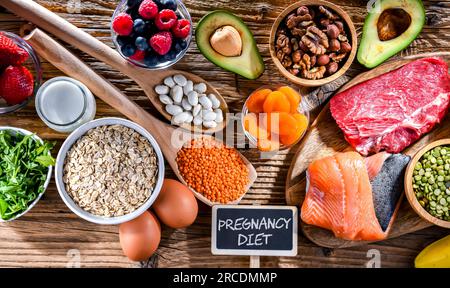 Lebensmittel, die für die Schwangerschaft empfohlen werden. Gesunde Ernährung Stockfoto