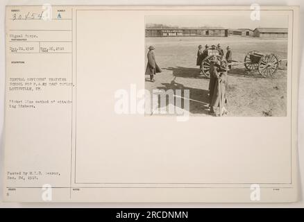 Ein Foto von Soldaten einer zentralen Offiziersschule für Artillerie in Camp Taylor, Louisville, Kentucky, während des Ersten Weltkriegs. Die Soldaten benutzen eine Methode, um Gliedmaßen entlang einer Streikpostenlinie zu befestigen. Dieses Foto wurde am 26. November 1918 aufgenommen und am 24. Dezember 1918 vom Zensor des Militärgeheimdienstes genehmigt. Stockfoto