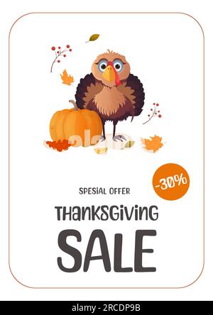 Flyer für Thanksgiving-Angebote auf weißem Hintergrund. Truthahn, Herbstblätter, Apfelbäume, Beeren. A4-Vektordarstellung für Poster, Banner, Sonderangebot Stock Vektor