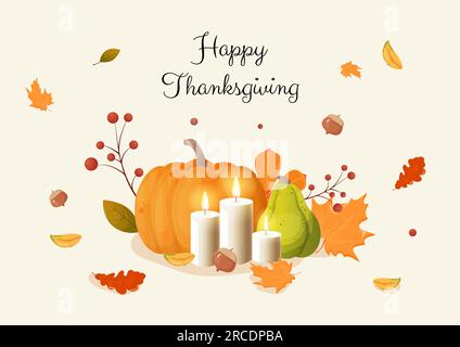 Thanksgiving-Karte. Kürbis, Herbstblätter, Beeren. Auf schwarzem Hintergrund. Vektordarstellung Stock Vektor