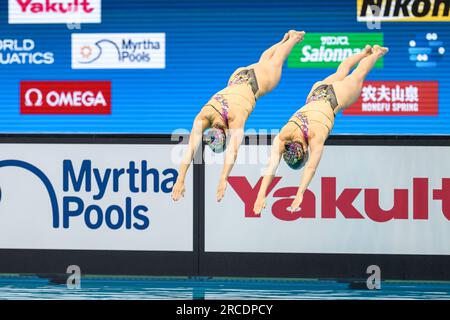 Fukuoka, Japan. 14. Juli 2023. Bregje de Brouwer (Niederlande) und Noortje de Brouwer (Niederlande) anlässlich der World Aquatics Championships 2023 Artistic Swimming Women Duet Technical Preliminary am 14. Juli 2023 in Fukuoka, Japan (Foto: Albert ten Hove/Orange Pictures). Kredit: Orange Pics BV/Alamy Live News Stockfoto