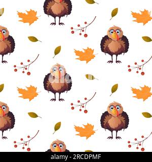 Nahtloses Thanksgiving-Muster Thanksgiving truthahn Kürbis und Blätter. Darstellung isolierter Vektoren Stock Vektor
