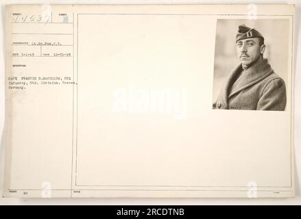 Hauptmann Francis B. McCollum von der 6. Infanterie, 5. Division, ist in Treves, Deutschland, abgebildet. Das Foto wurde am 31. Dezember 1918 aufgenommen und am 1. März 1919 erhalten. Leutnant Wm. Fox, Sr. Vom Signalkorps, hat das Foto gemacht. Stockfoto