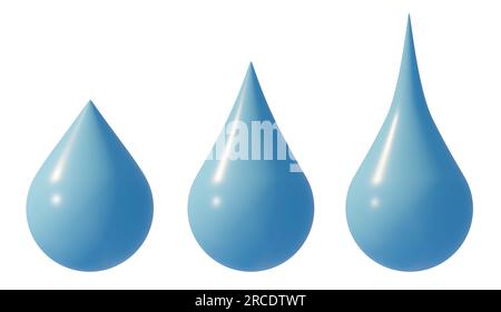 Blaue 3D-Wassertropfen auf weißem Hintergrund isoliert. Schneide grafische Designelemente aus. Wassertropfen, Flüssigkeit. Tröpfchen im Cartoon-Stil. 3D-Rendering. Stockfoto