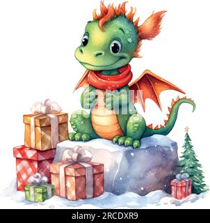 Dragon schenkt weihnachten Aquarell im Cartoon-Stil. Vintage-Dekorationselement. Weihnachtsgrußkartendesign. Frohes neues Jahr. Symbol für neues Jahr. Stock Vektor